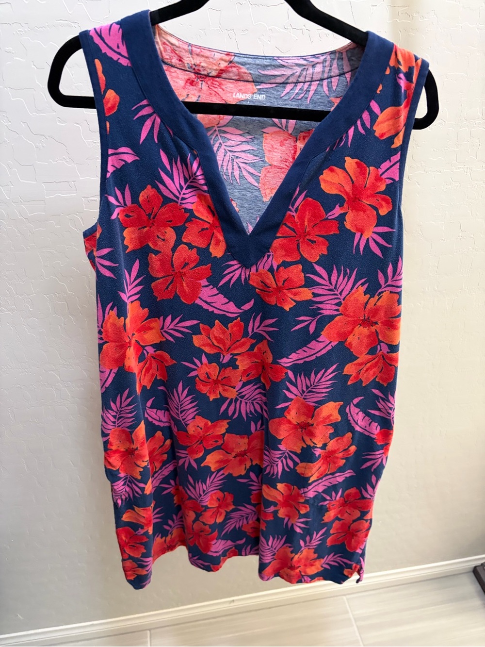 Lands' End Navy Sleeveless V-Neck Hawaiian Print Dress (Red & Purple Floral)